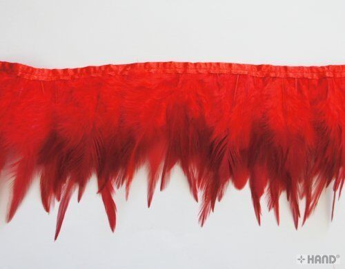 Close-up of red double layer duck feather trim, showcasing its texture.