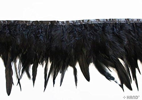 Black duck feather fringe trim displayed on a crafting table.