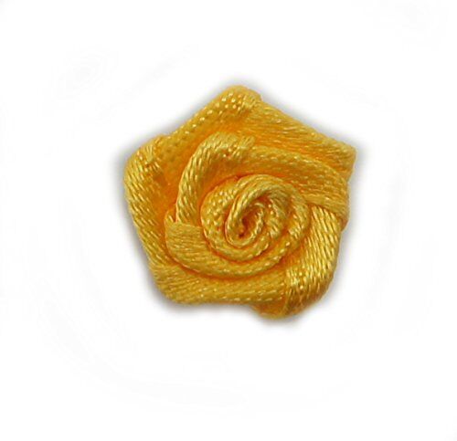 Close-up of a ribbon flower trim in egg yolk yellow, 12 mm x 12 mm.