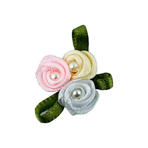 Pretty 3 Pearls White, Pink & Cream Ribbon Roses Trims for Clothing and Accessory Embellishment - Pack of 20