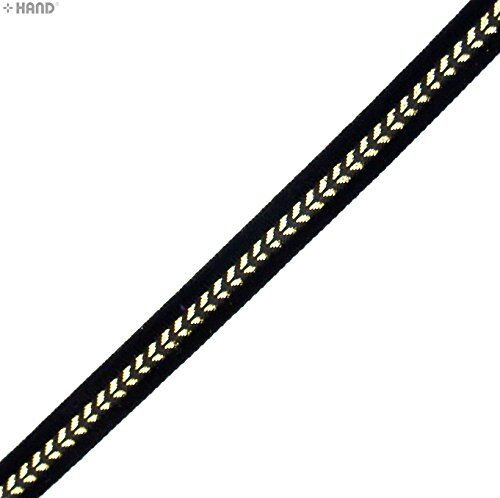Display of assorted black and gold ribbon trims in various widths.
