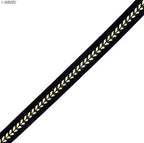Display of assorted black and gold ribbon trims in various widths.