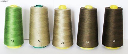 Close-up of military green polyester thread on a spool.