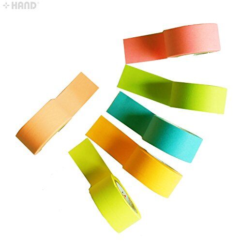 Display of neon colours adhesive tape rolls on a white background.