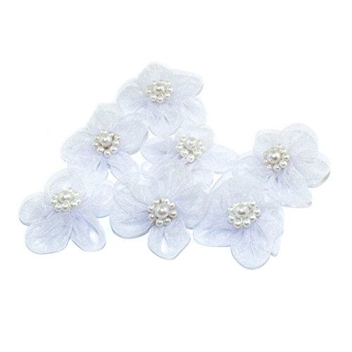 Pack of 10 white organza flower sew on trims with bead centres