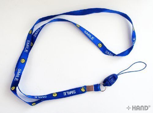 Three nylon neck straps with smiley faces print displayed together