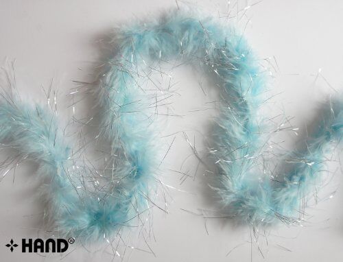 Close-up of the silver trim on the sky blue feather garland.