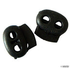 Pack of 12 small black plastic cord locks on display