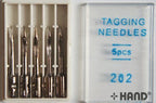 Five standard needles for tagging guns displayed together.