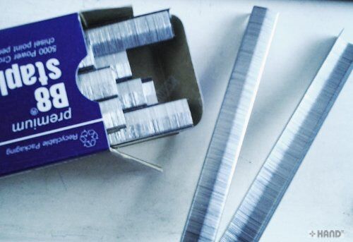 Close-up of B8 Max heavy duty staples showing size and design