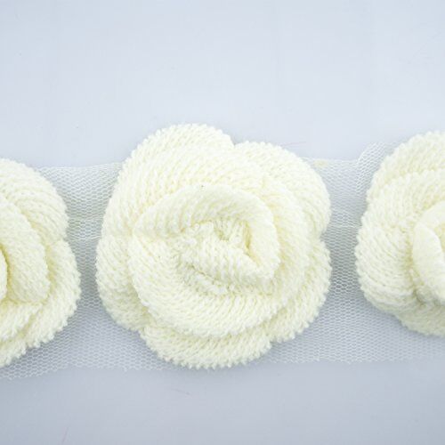 Knitted Off-White Decorative Rosettes Sew on Trim with Net Backing - 1 Metre Appx 12 pcs (8 x 8 cm)