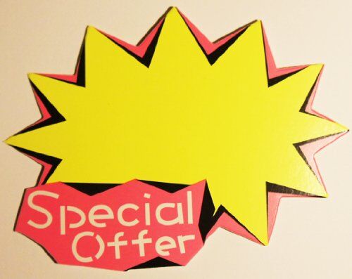 Pack of 10 special offer display price sales cards on a table.