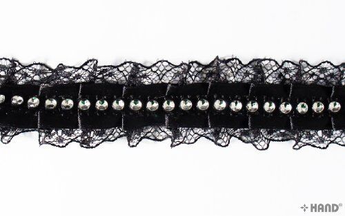 Black lace ribbon trim featuring sparkling diamante gems.