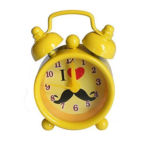 Close-up of the I Love Mustache alarm clock face and bells.
