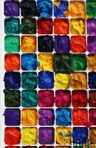 Close-up of the 24 wells in a plastic artist palette box.