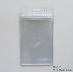 Pack of 50 clear ID badge holders on a table