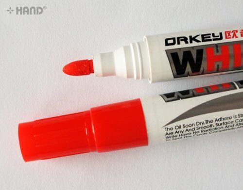 Two red bullet point whiteboard markers on a white background.