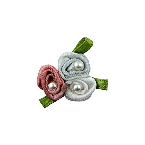 Pretty 3 Pearls Rose, Grey, Pink and White Ribbon Roses Trims for Clothing and Accessory Embellishment - Pack of 20