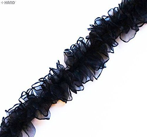 Decorative elastic ruffle trim in T28 Black, displayed on a white background.