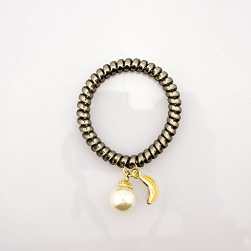 Close-up of hair band showing pearl bead and charms