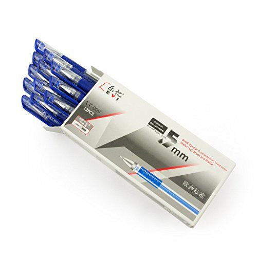 Pack of 12 blue ballpoint pens with 0.5 mm fine point tips.