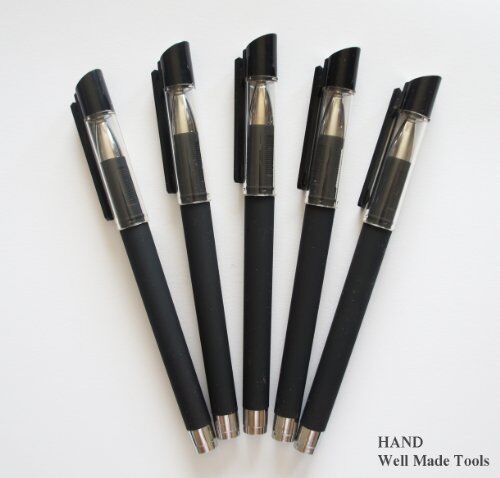 Pack of 5 black ink pens with 0.5 point tips displayed on a white background.