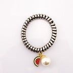 Elegant Elasticated Dark Metallic Silver Hair Band with Pearl Bead and 5 Funky Charm Designs - 45 mm Diameter Unexpanded - Pack of 5