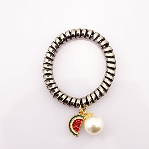 Elegant Elasticated Dark Metallic Silver Hair Band with Pearl Bead and 5 Funky Charm Designs - 45 mm Diameter Unexpanded - Pack of 5