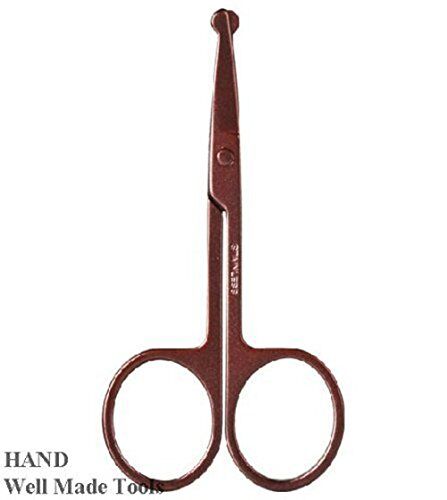 Close-up of round head scissors designed for facial hair trimming.
