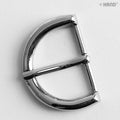 Polished silver tone D shape belt buckle on a white background