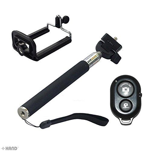 Telescopic monopod fully extended for self-portraits.