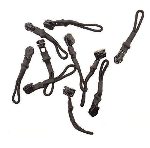 Pack of 10 No.3 black metal zip pulls with grip cords.