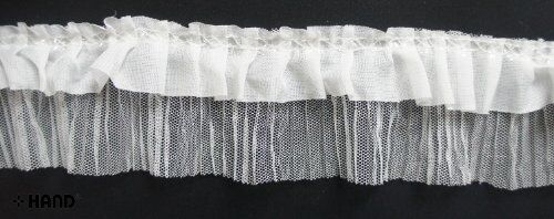 Close-up of black ruffle net trim showing texture and design