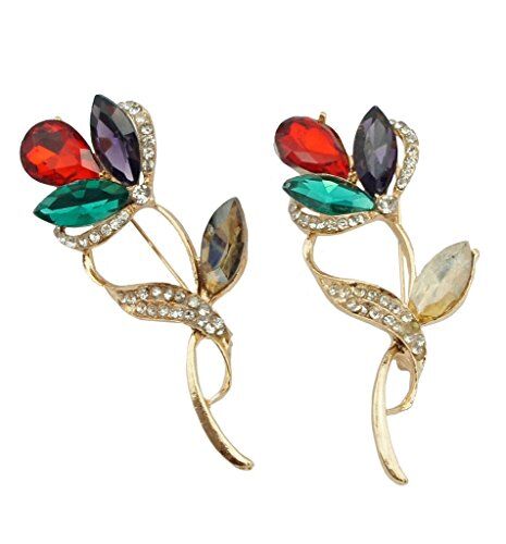 Gold tone flower brooch with colourful rhinestones