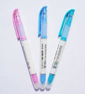 Three Magic Erasable Ink Pens with blue ink on a white background