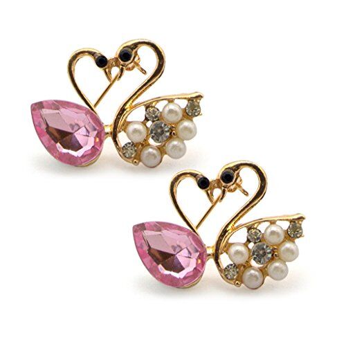 Two swans heart brooches with crystals and pearls in a gold setting.