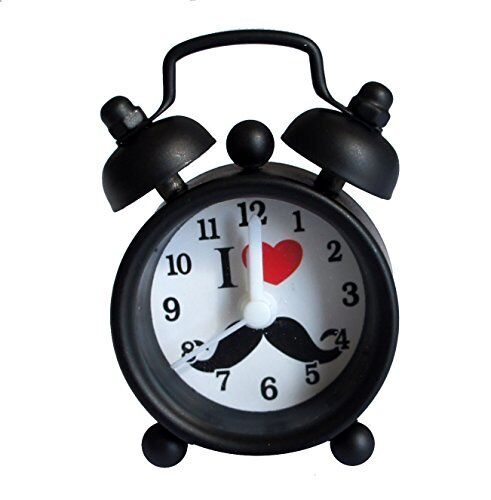 Mini black silent metal twin bell alarm clock with mustache design.