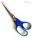 Two K19 stainless steel paper scissors with soft grip handles.