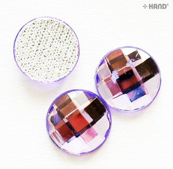Display of purple round hotfix diamante gems in a pack.