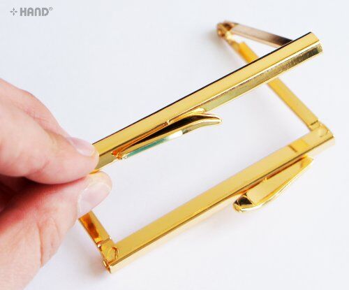Close-up of the gold purse frame showcasing the wing kiss clasp mechanism.