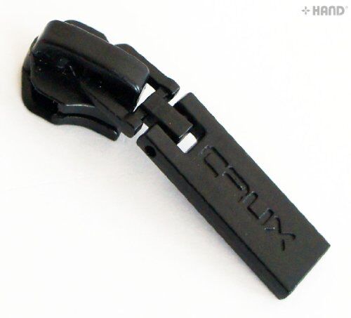 Close-up of a navy blue 'Crux' zip pull showing the head slider