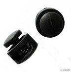 Black plastic round toggle spring stop cord locks in assorted sizes.