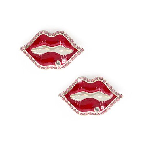 Red lips brooch with pink diamante border on a white background
