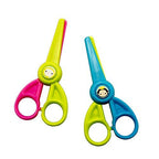 Two pairs of colourful children's safety scissors with animal motifs.