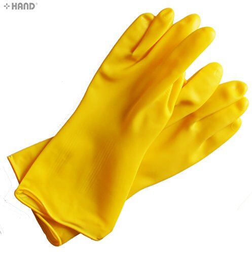 Two pairs of thick yellow rubber latex gloves in small size.