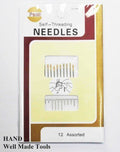 Assorted self-threading needles in a pack of 12.