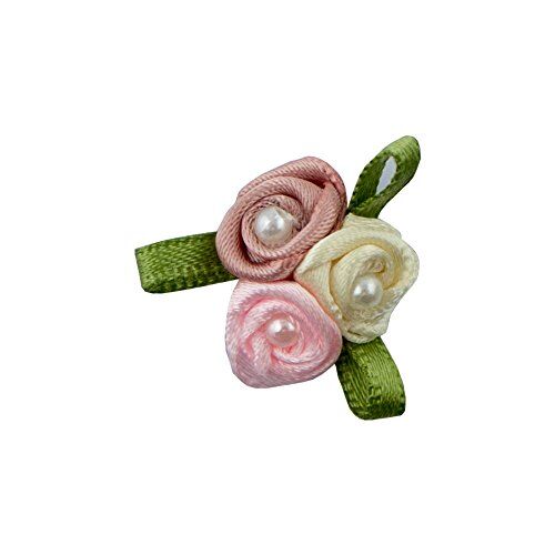 Pretty 3 Pearls Rose, Pink & Cream Ribbon Roses Trims for Clothing and Accessory Embellishment - Pack of 20