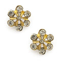 Stylish gold diamante crystal flower brooch pin on a white background.