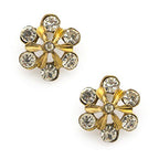 Stylish gold diamante crystal flower brooch pin on a white background.