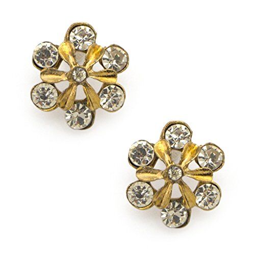Stylish gold diamante crystal flower brooch pin on a white background.